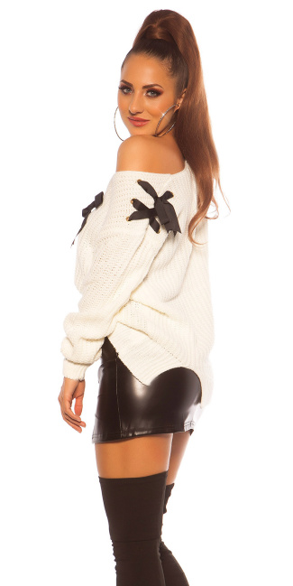 Trendy v-hals gebreide sweater-trui met lus wit